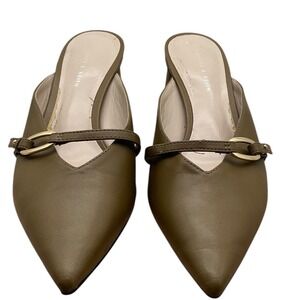 Charles & Keith Olive Green Pointed Toe Mules Block Heel Gold Buckle Size 37